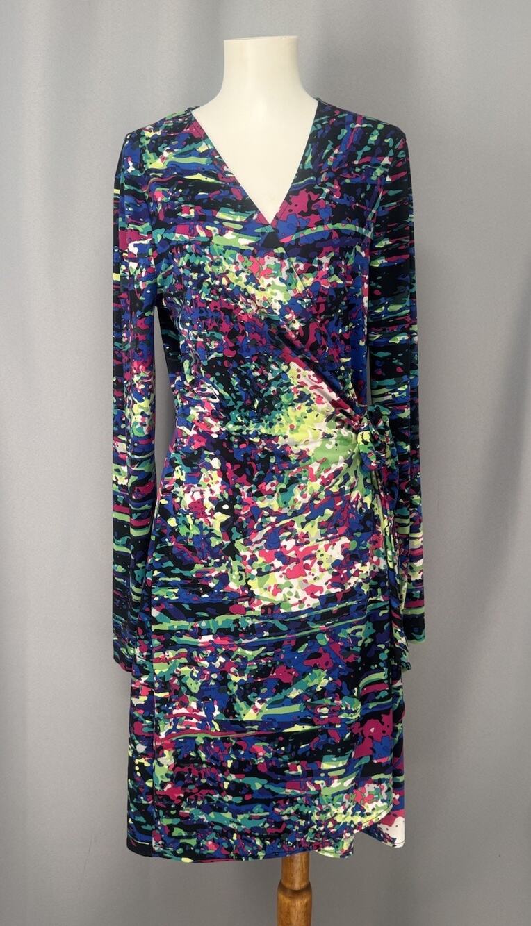 BCBGMaxAzria Wrap Dress Large Multicolored V-neck LS Artsy Splatter Paint